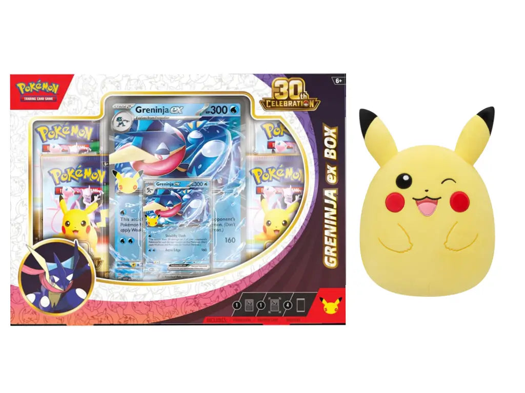 Pokémon TCG 30th Celebration Greninja ex Collection with Pikachu Squishmallows plush bundle